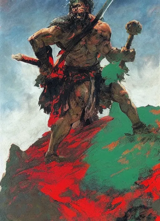 Prompt: portrait of barbarian on mountain, coherent! by mariusz lewandowski, by frank frazetta, deep color, strong line, red green black teal, minimalism, high contrast