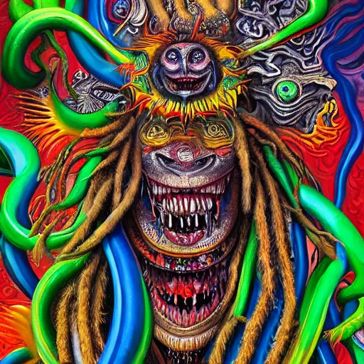 Image similar to a high detailed hyper detailed painting of a spiritual monster with dreadlocks and several eyes, pointy teeth and colorful skin with scales and strange textures, surreal psychedelic cosmic horror