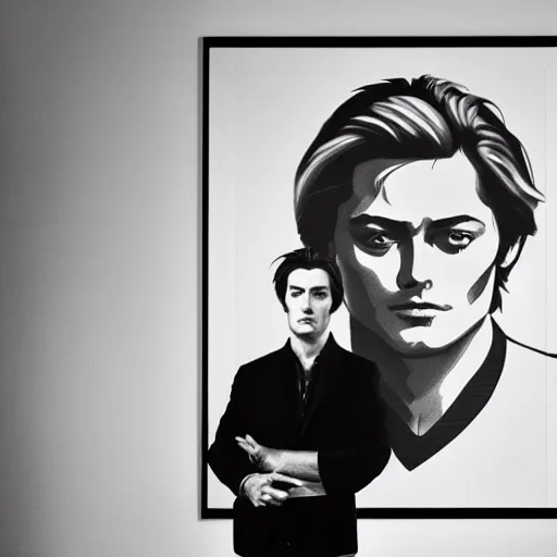 Image similar to stunning symmetrical portrait of alain delon in front of a ( ( ( tall moog synthesizer ) ) ), high contrast grainy blank and white photography print ilford warm tone, huge modular synthesizer