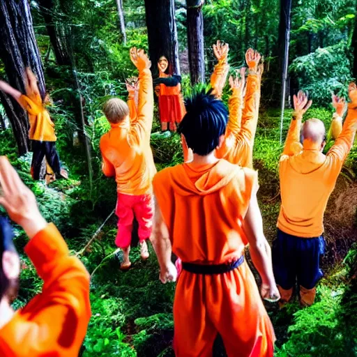 Prompt: group of people worshipping goku in the forest, 4 k