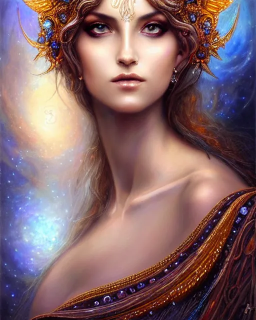 Image similar to portrait of a beautiful celestial goddess, unusual beauty, esoteric, muted celestial colors, head in focus, fantasy art, ornamental aesthetics intricate, elegant, highly detailed, hyperrealistic painting, artstation, concept art, painterly, sharp focus, iart by lois royo