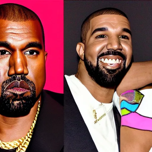 Image similar to kanye west in love with drake, in a candyland, colorful