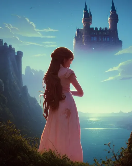 Prompt: highly detailed surreal vfx portrait of a girl holding a guitar looking at a castle in the distance, stephen bliss, unreal engine, greg rutkowski, loish, rhads, beeple, makoto shinkai and lois van baarle, ilya kuvshinov, rossdraws, tom bagshaw, alphonse mucha, global illumination, detailed and intricate environment
