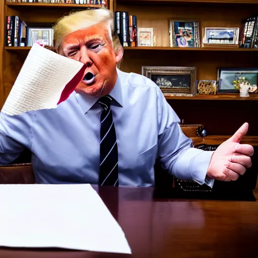 Image similar to candid portrait photo of president trump at his desk shoving crumpled papers into his mouth, chewing paper, eating paper, detailed portrait, 4 k, megapixel, sony a 7 s, f / 8, 2 4 mm lens