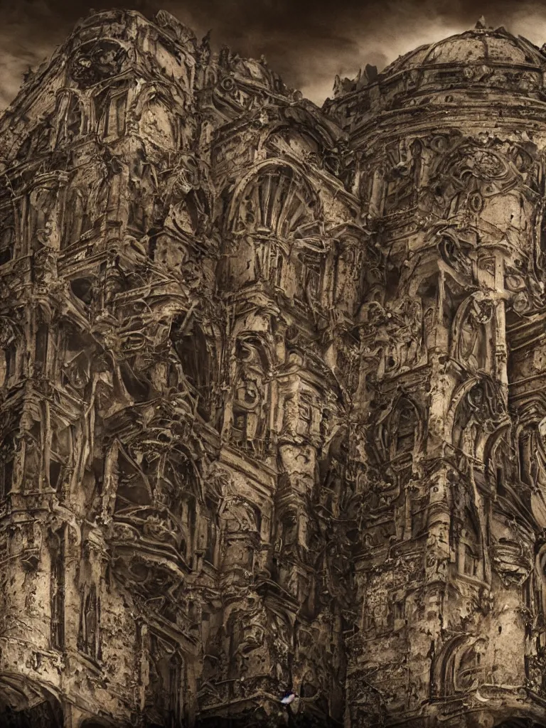 Image similar to extra wide view. an ominous dark ancient mask. barron. worn out photography. sepia. cracks. hyper - detailed. gothic steampunk. low poly medieval baroque. symmetric. epic. hyper - realistic. unreal render.