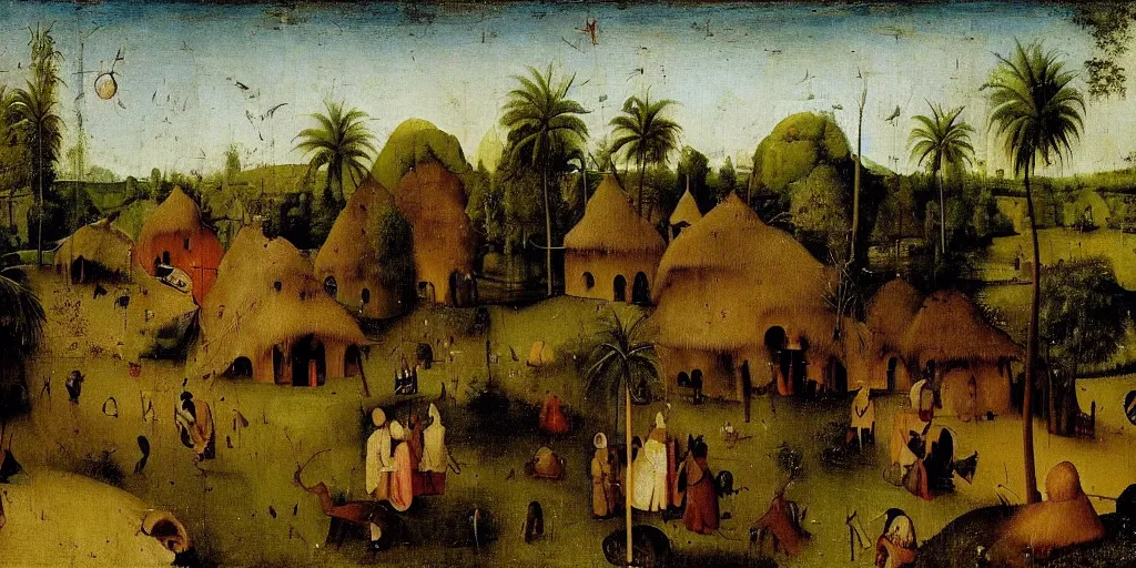 Prompt: painting of a kerala village by Hieronymus Bosch, with some coconut trees and thatched houses