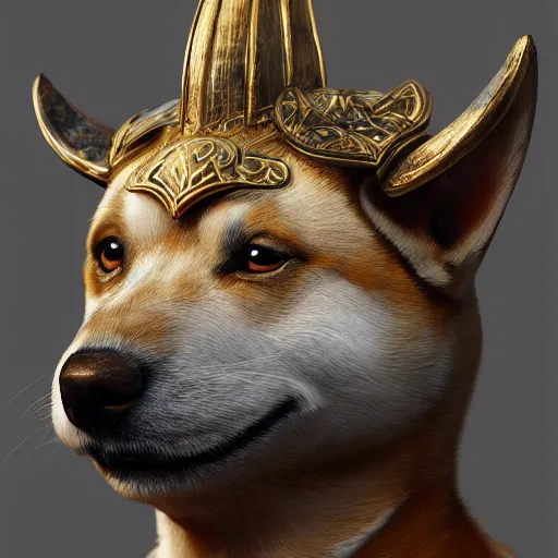 Prompt: detailed photorealistic painting of a shiba inu wearing a highly detailed ornamented bronze typical viking helmet with two horns, sharp focus in the style of ruan jia, Mandy jurgens, cinematic light, concept art, trending on artstation, ultra realistic