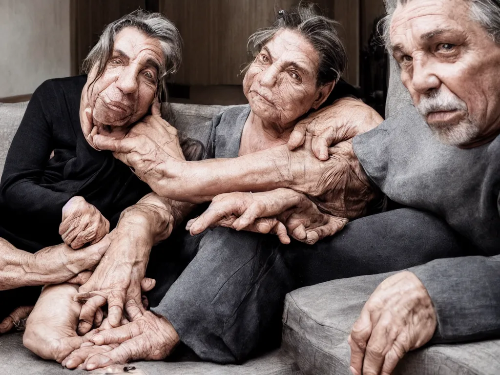 Image similar to close - up photo of a till lindemann sits on the couch with grandmother by steve mccurry, natural lighting, wide lens, 4 k