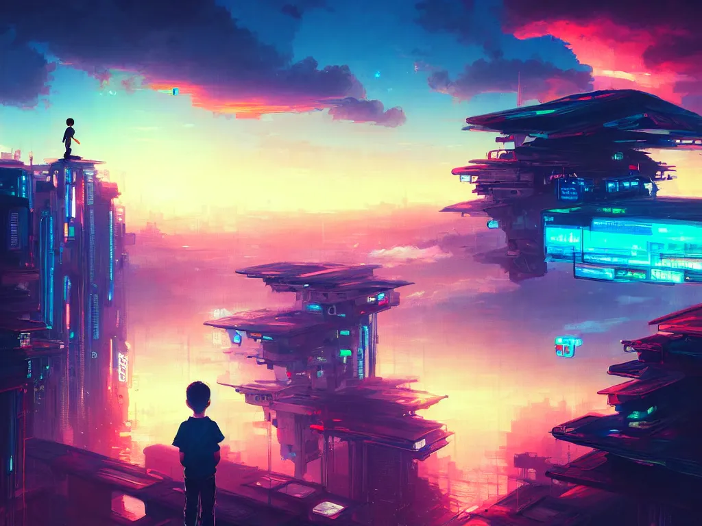 Image similar to a painting of a boy on top of a building watching a colorful sunrise futuristic city surrounded by clouds, cyberpunk art by yoshitaka amano and alena aenami, cg society contest winner, retrofuturism, matte painting, apocalypse landscape, cityscape