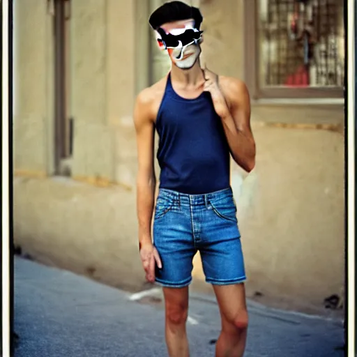 Prompt: gracefully enchanting portraiture of finely fashionable, elegantly dressed, beautifulianticist reserved young uzbek model who is slender, tank top, denim shorts. nikon fm 2 film still taken on a street in manhattan.