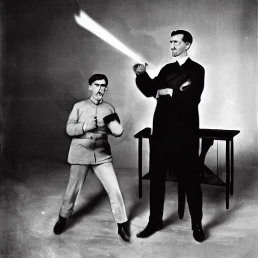 Prompt: UHD candid color photo of Nikola Tesla firing a phaser at Hitler, accurate faces, UHD, photorealistic, correct face, photo by Annie Leibowitz