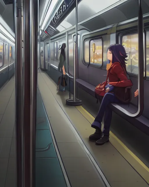 Prompt: a lonely girl riding the subway on her own, ambient lighting, full shot, detailed face, 3 d shading, by makoto shinkai, stanley artgerm lau, wlop, rossdraws