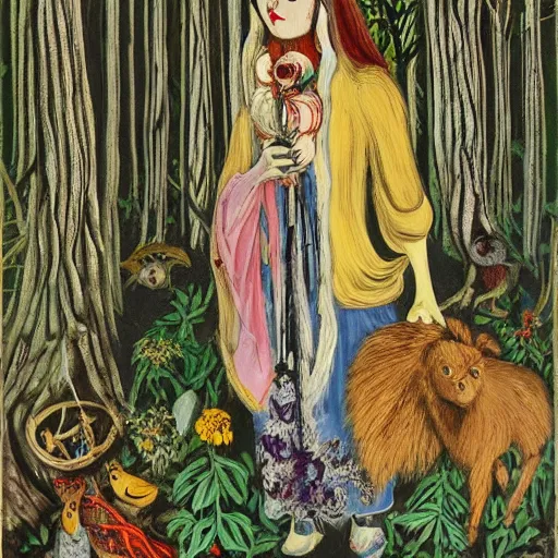 Image similar to In the experimental art Vasilisa can be seen standing in the forest, surrounded by animals. She is holding a basket of flowers in one hand and a spindle in the other. Her face is turned towards the viewer, with a gentle expression. In the background, the forest is depicted as a dark and mysterious place. american romanticism, Pokémon by Lucian Freud, by Marjorie Miller defined, blocks