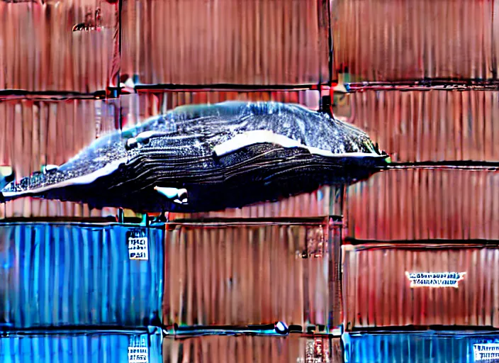 Image similar to a happy whale in front of a huge stack of containers at the port, intricate details, photo realistic octane render