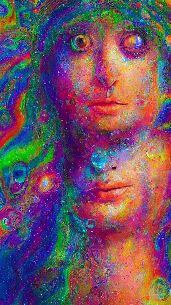 Image similar to hyperrealistic abstract close-up female! portrait Renaissance psychedelic!! celestial happy! pure creature!! peaceful! kind spirit of nature! beautiful fractal!! eyes! highly detailed concept art eric zener elson peter cinematic hard rainbow lighting high angle hd 8k sharp shallow depth of field endless, inspired by Zdzisław Beksiński Salvador Dali