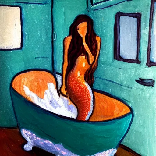 Prompt: oil painting of a mermaid in a bathtub, gritty, small new york appartment,