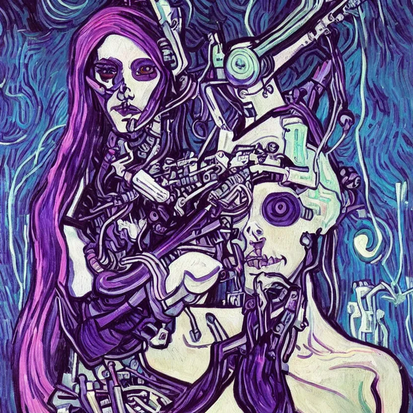 Image similar to A beautiful painting of a cyberpunk girl with purple hair and an a huge robot arm sensual stare, augmentations and cybernetic enhancements neon circuits, Painted by Vincent Van Gogh ❤️‍🔥 🔥 💀 🤖 🚀