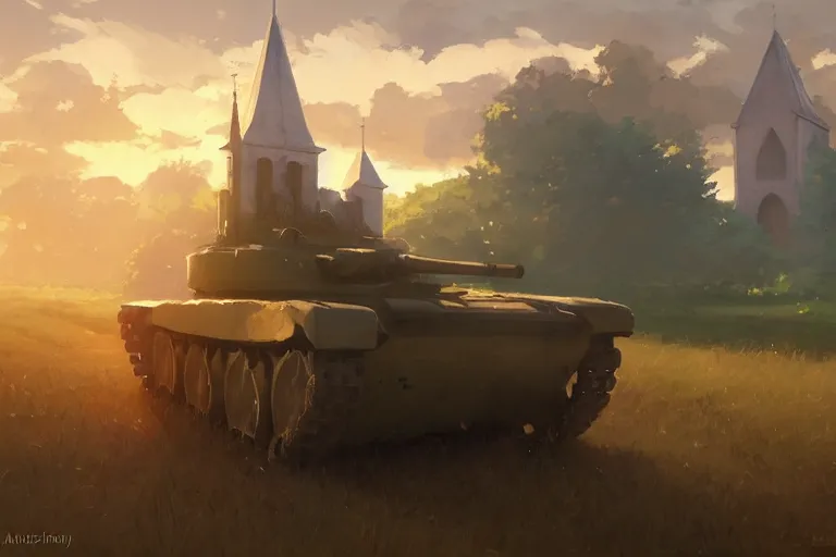 Image similar to a tank with a church as tanktower, scene in an open field. key visual, conceptart, ambient lighting, highly detailed, digital painting, artstation, concept art, sharp focus, by makoto shinkai and akihiko yoshida and greg manchess