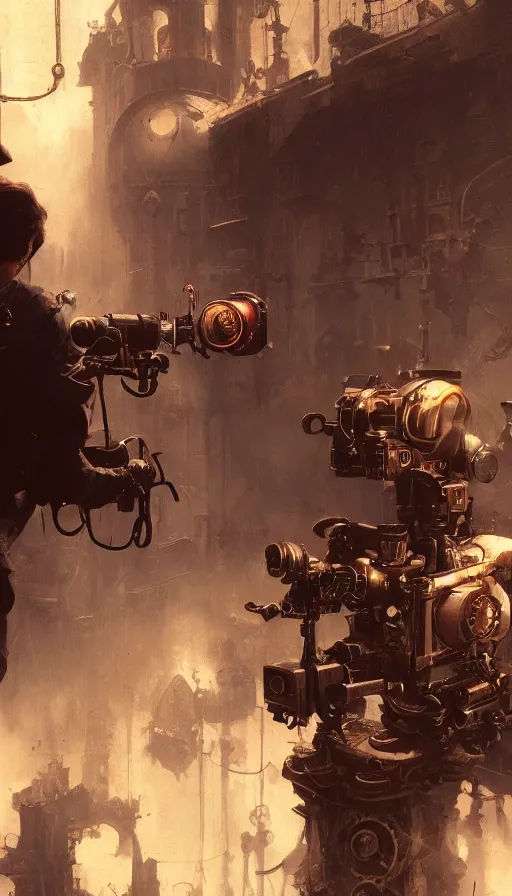 Prompt: hyper realistic photographer looking through camera towards viewer, magical, steampunk, painted by mike mignola, craig mullins, j. c. 8 k