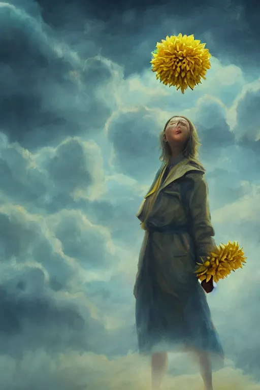 Image similar to closeup girl with huge yellow dahlia flower face, intricate, standing on mountain, surreal photography, blue storm clouds, dramatic light, impressionist painting, digital painting, artstation, simon stalenhag