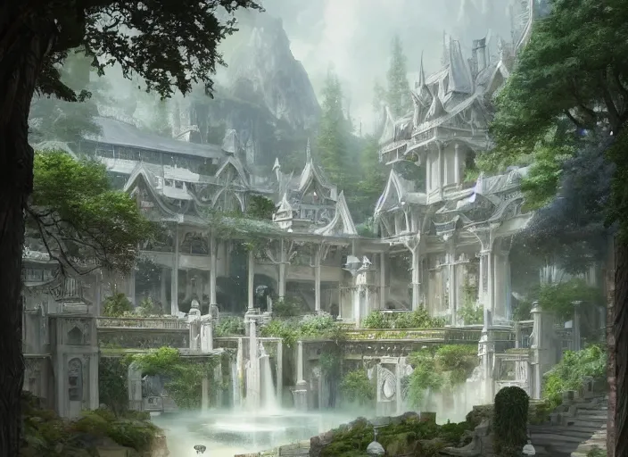 Image similar to A bathhouse in a beautiful elven city made of white marble, anime, lush trees, fountain, a fantasy digital painting by Greg Rutkowski and James Gurney, trending on Artstation, highly detailed