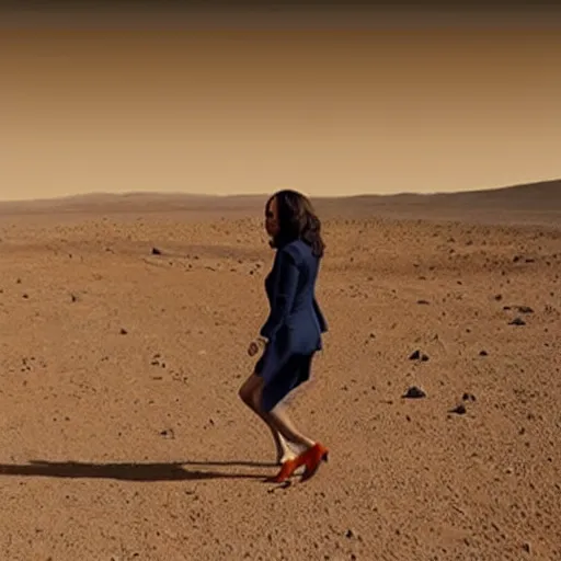 Prompt: photograph of Kamala Harris walking on Mars