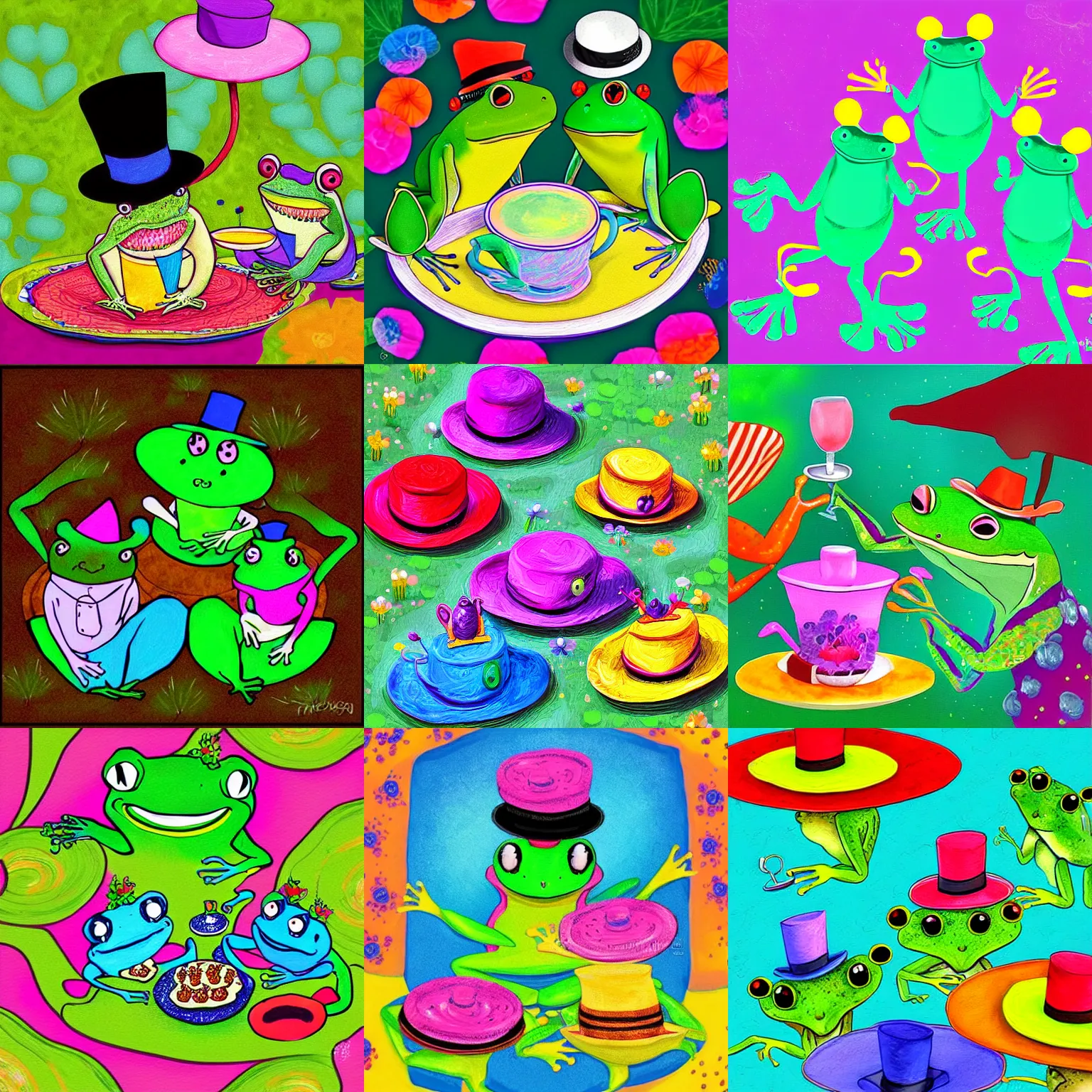 Prompt: “ digital art illustration of three fancy frogs wearing top hats having a tea party on a lillypad, colorful whimsical, impasto painting ”