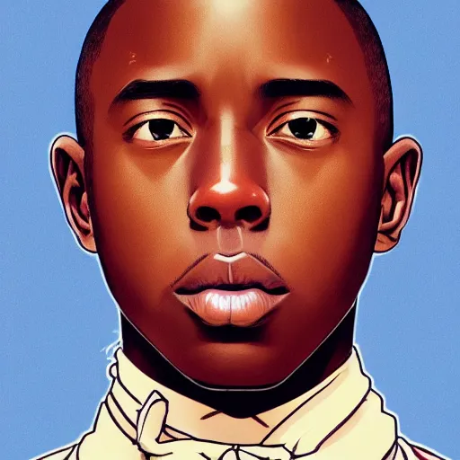 Prompt: tyler the creator, anime style, fashion clothing, shoulder eyes, last exile anime, symmetrical facial features, from arknights, hyper realistic, 4 k, rule of thirds, extreme detail, detailed drawing, trending artstation, realistic lighting, by alphonse mucha, greg rutkowski, short neck