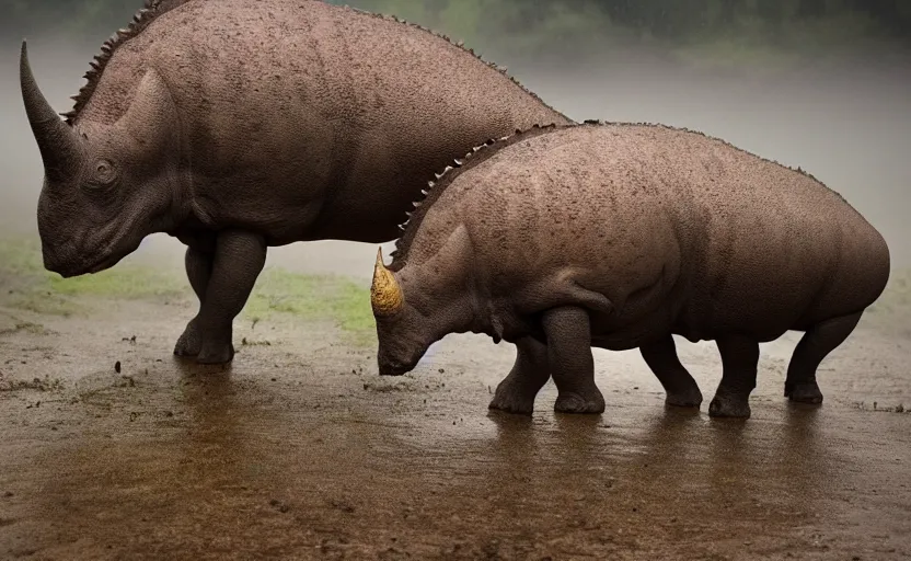 Image similar to nature photography of a rain soaked triceratops and her baby, african savannah, rainfall, muddy embankment, fog, digital photograph, award winning, 5 0 mm, telephoto lens, national geographic, muscular legs, large eyes