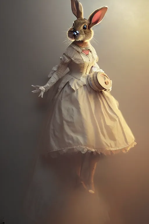 Image similar to portrait of an anthropomorphic rabbit in a victorian - era ballgown, dramatic lighting, highly detailed, digital painting, artstation, concept art, smooth, sharp focus, illustration, art by wlop, mars ravelo and greg rutkowski