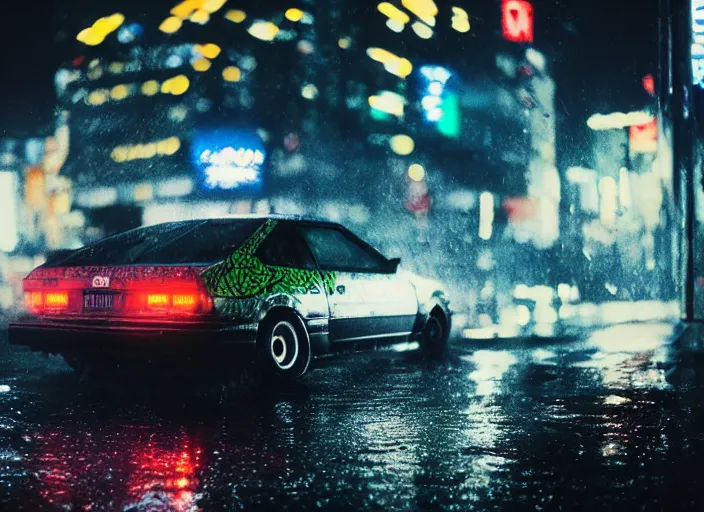 Image similar to close up macro shot of a ae 8 6 car on wet tokyo street at night, intricate, hyper detailed, smooth, high contrast, neon, volumetric lighting, octane, moebius, greg rutkowski, blade runner, ridley scott, cinematic