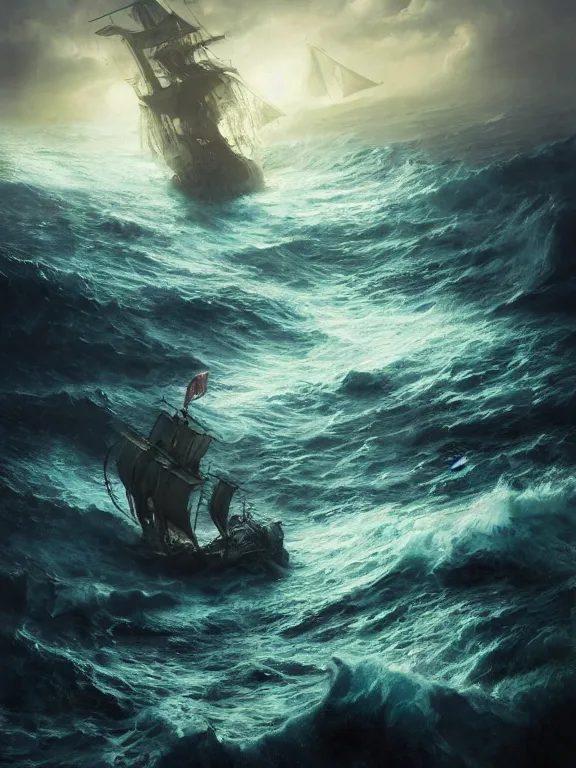 Image similar to photo of 8k ultra realistic kraken fighting pirate ship at sea, heavy storm, raging waves, full of colour, cinematic lighting, battered, trending on artstation, 4k, hyperrealistic, focused, extreme details,unreal engine 5, cinematic, masterpiece, art by Peter Mohrbacher