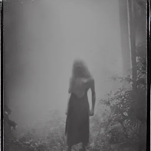 Image similar to an ancient evil-girl devouring the human souls on a mysterious Colombian jungle, mist, 1910 polaroid photography, grainy film, Black and white