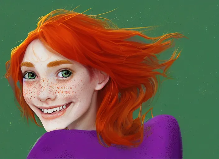 Prompt: portrait of a beautiful smiling girl with orange hair and freckles, green eyes, highly detailed, digital painting, style by Gretel Lusky, artstation, concept art, smooth, sharp, focus, illustration. background is purple