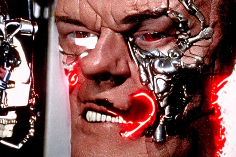 Image similar to Jack Nicholson plays Terminator, his one yes glow red, scene where his endoskeleton gets exposed, still from the film