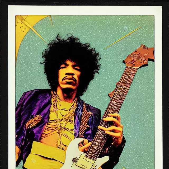 Image similar to polaroid of a vintage record cover by Franklin Booth and Edmund Dulac showing a portrait of Jimi Hendrix as a futuristic space shaman, Alphonse Mucha background, futuristic electric guitar, star map, smoke
