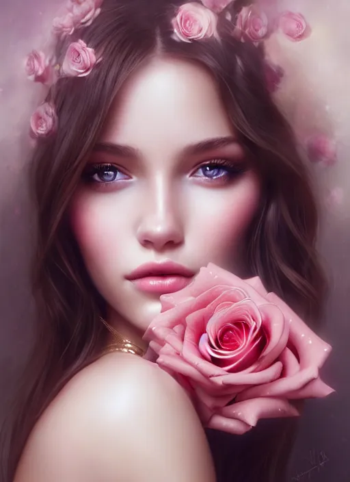 Image similar to a gorgeous female photo, professionally retouched, soft lighting, holding a bouquet of roses, realistic, smooth face, perfect eyes, wide angle, sharp focus on eyes, 8 k high definition, insanely detailed, intricate, elegant, art by artgerm and wlop