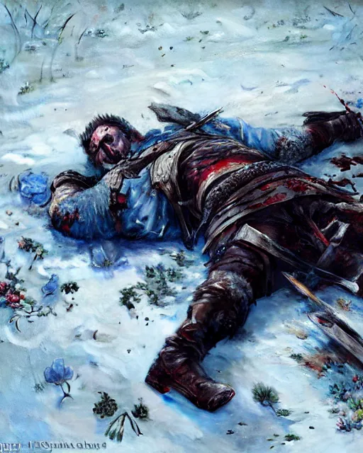 Image similar to Highly realistic oil painting of a wounded knight lying in the snow and surrounded by blue flowers, blood on flowers, by greg rutkowski, highly detailed, cinematic lighting, moody, dark