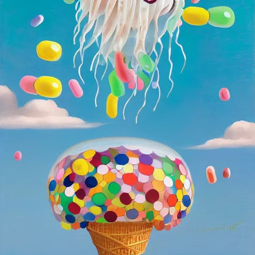 Image similar to Giant ice cream jellyfish and jellybeans fly through the air, as a tornado approaches, by Takashi Murakami, Edward Hopper, Bo Bartlett, and Cynthia Sheppard, Artstation