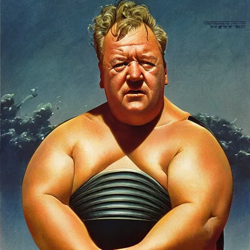 Image similar to dynamic upper body portrait of ray winstone as baron harkonnen in 1982 movie dune, by norman rockwell and boris vallejo