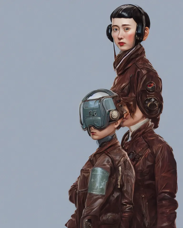 Image similar to highly detailed portrait of androgynous girl wearing bakelite leather jacket, bakelite rocky mountains, japanese haunted forest, by hsiao - ron cheng and artgerm, modular synthesizer helmet backpack, the grand budapest hotel, glow, no crop, digital art, artstation, pop art