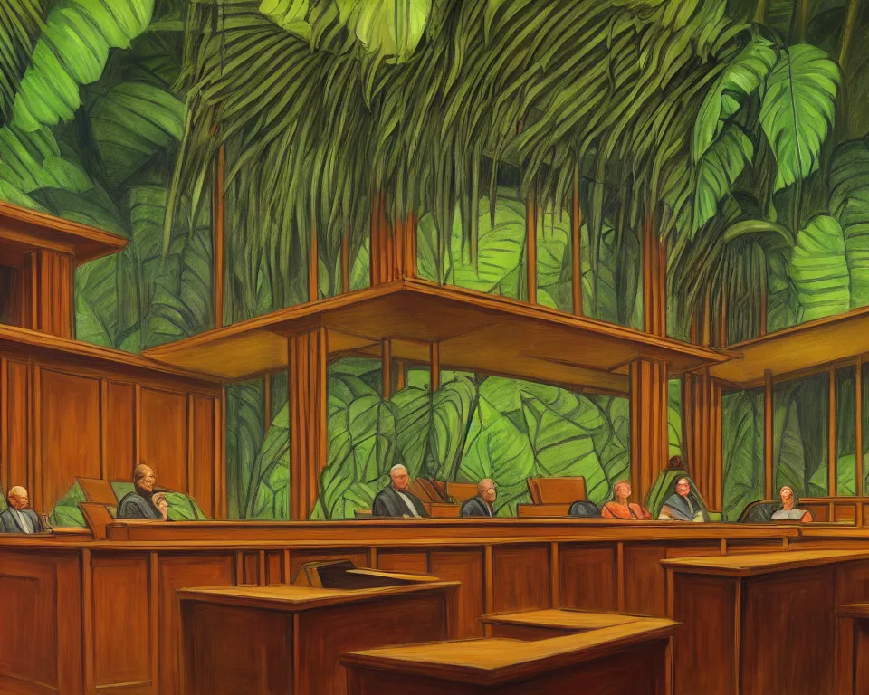 Image similar to a courtroom in the rainforest by hopper. hyperdetailed, proportional, romantic, enchanting, achingly beautiful, graphic print, trending on artstation, jungle, tropical, foliage