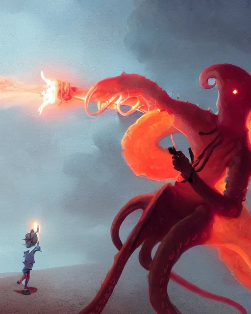 Image similar to humanoid squid squidward wearing fire nation clothing and practicing firebending outside at susnset, [ greg rutkowski ]