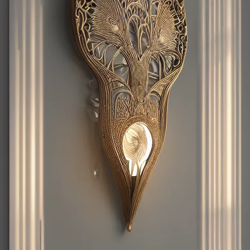 Image similar to wide symmetrical art nouveau wall light with filigree faberge orchid betta spiral mushrooms forest organic natural forms designed by giger, white 3 d print, 8 k, octane render