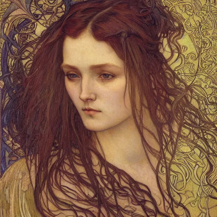 Image similar to detailed realistic beautiful young medieval queen face portrait by jean delville, alphonse mucha, vincent van gogh, and marco mazzoni, art nouveau, symbolist, visionary, gothic, pre - raphaelite
