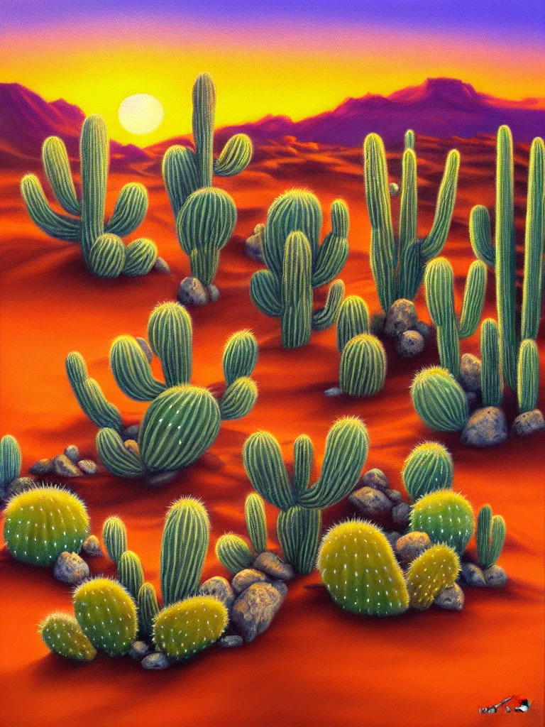 Prompt: beautiful oil painting of a desert with cactus plants rocks sunset by Mark Maggiori