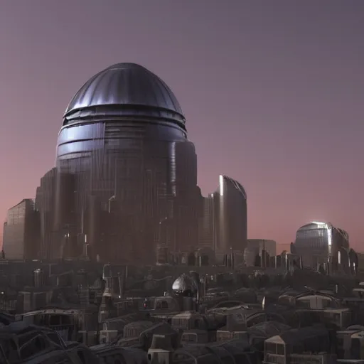 Image similar to a futuristic city under a dome, with a crack in the dome and black smoke rising from the crack, photorealistic