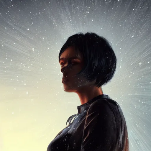 Image similar to masterpiece portrait of an aesthetic beautiful realistic black haired woman protester, 3 0 years old woman, cinematic light, digital painting by wlop, atmospheric effects, fireflies, 4 k, octane render, artstation, deviantart, close view