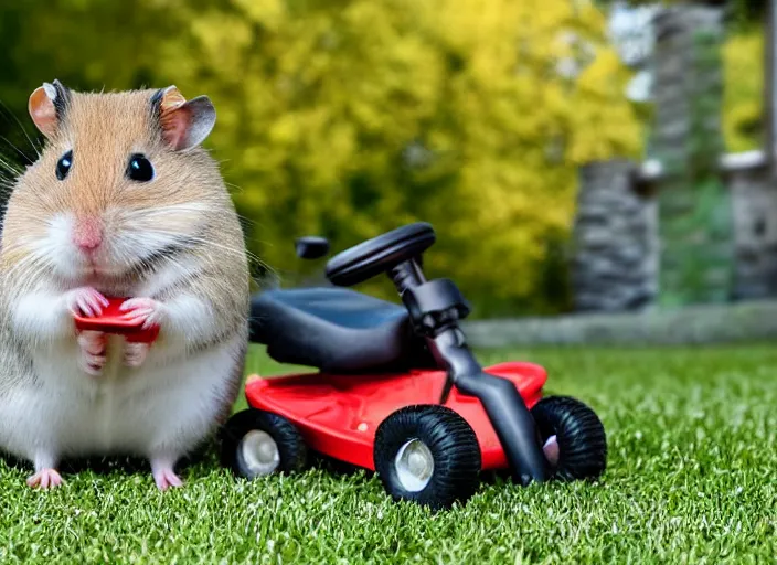 Prompt: hamster sitting on riding lawn mower