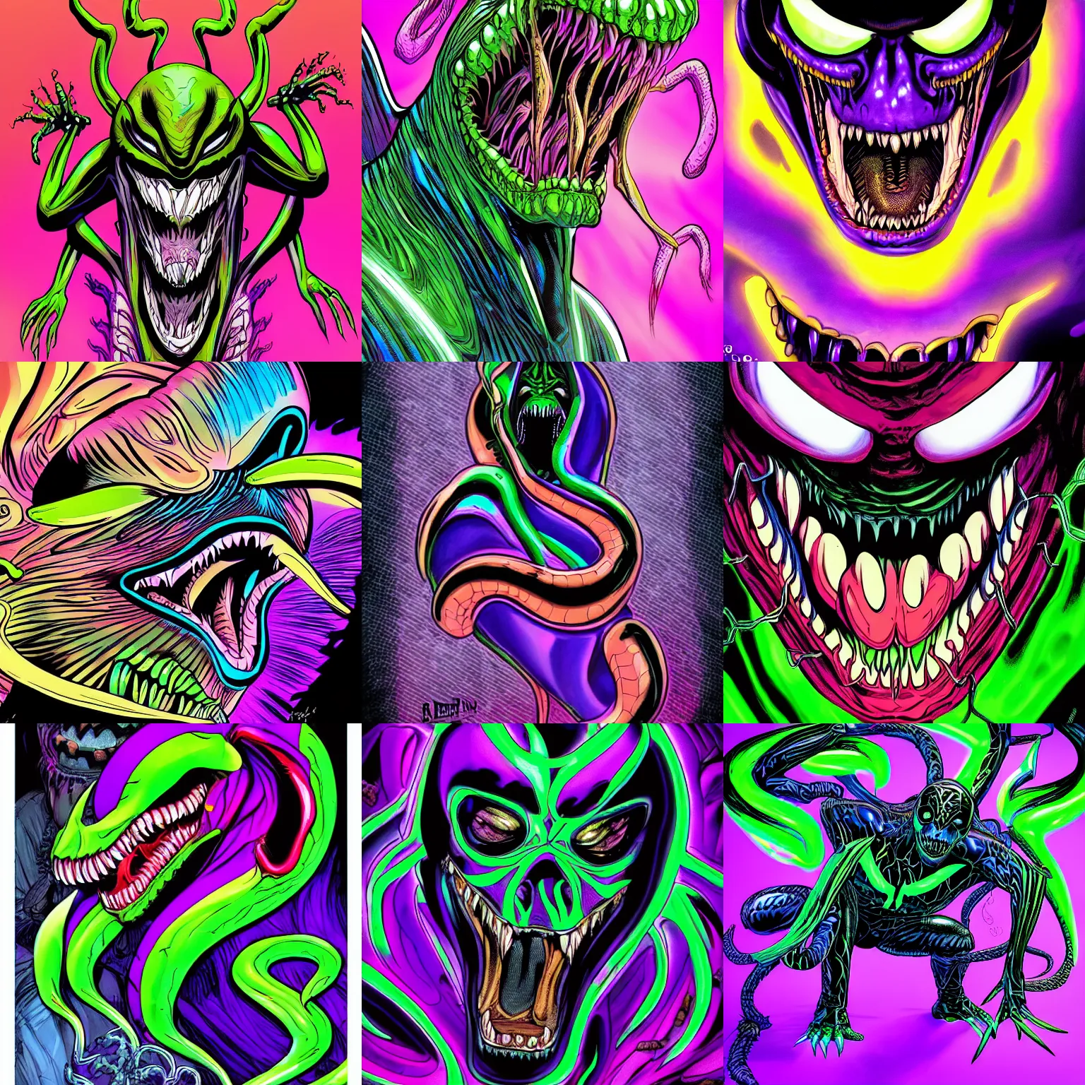 Prompt: blacklight venom, marvel comic, long slimey tongue, rich iridescent colors, digital art, d & d, detailed, 4 k hd